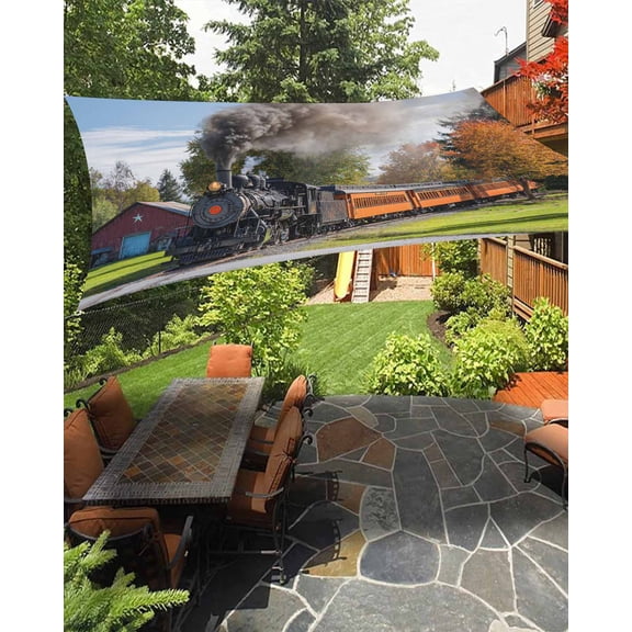 Steam Train Sun Shade Sail 12'X16' Hose Tree Nature Landscape Countryside UV Block Outdoor Sail Shades Breathable Waterproof Rectangular Sunshade for Patio Garden Pool Pergola Porch