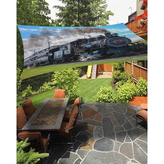 Steam Train Sun Shade Sail 12'X16' Railways Trees Landscape Modern UV Block Outdoor Sail Shades Breathable Waterproof Rectangular Sunshade for Patio Garden Pool Pergola Porch