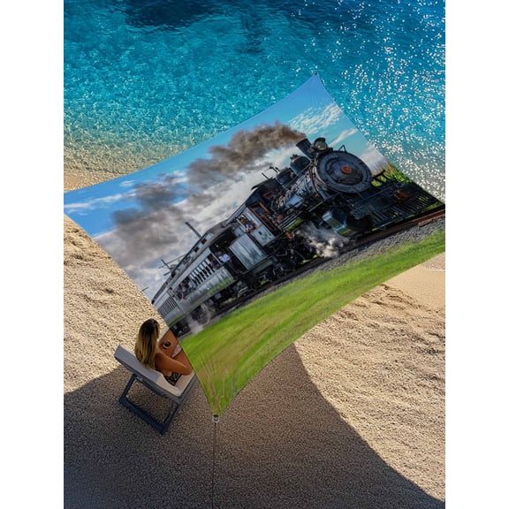 Steam Train Sun Shade Sail 12' x 16', Railways Trees Landscape Modern Rectangle Outdoor Sunshade Canopy, Waterproof UV Block Patio Covers for Garden Yard Beach