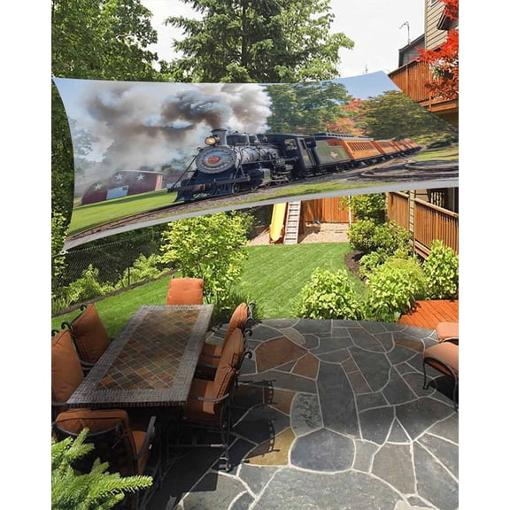 Steam Train Sun Shade Sail 14'X18' Hose Green Tree Nature Landscape Countryside UV Block Outdoor Sail Shades Breathable Waterproof Rectangular Sunshade for Patio Garden Pool Pergola Porch