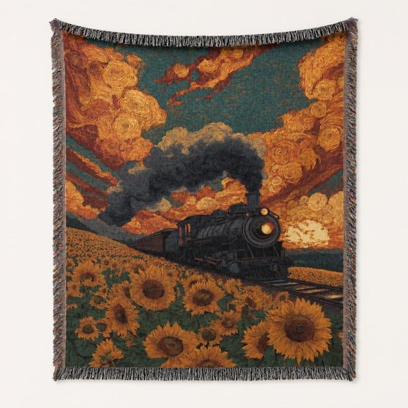Steam Train Sunflower Woven Cotton Throw Blanket with Fringe