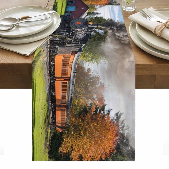 Steam Train Table Runner - 36 Inch Long, Kitchen Dining Table Runner Dresser Scarves, Railroad Country Barn Rustic Trees Farmhouse Farmhouse Decor for Coffee Tables Wedding Party Banquet