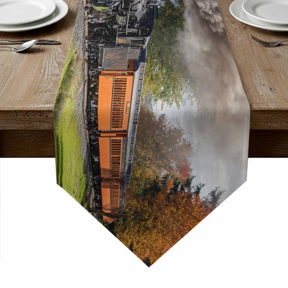 Steam Train Table Runner Linen Burlap Table Runner 36 Inches Small Railroad Country Barn Rustic Trees Farmhouse Dresser Scarves for Kitchen Island Coffee Dining Room Party Holiday Decor 13"x36"