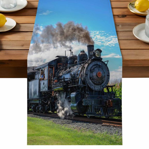 Steam Train Table Runner, Railways Trees Landscape Modern Cotton Linen Table Cloth, Tablerunner for Kitchen Dining Party Wedding Home Decor 13x36 Inch