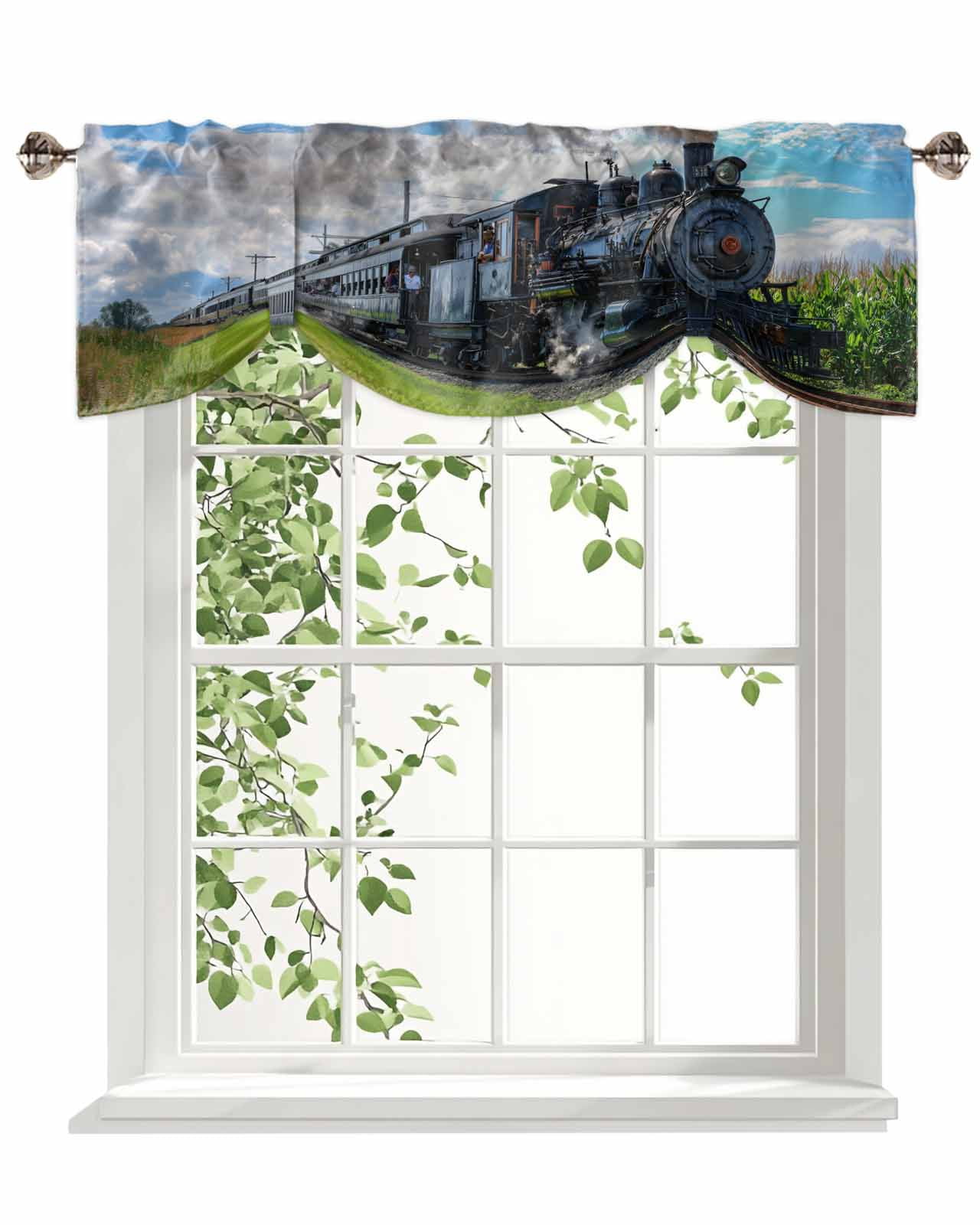 Steam Train Tie Up Valances Curtain, Adjustable Kitchen Railways Trees Landscape Modern Valances for Windows Decor, Rod Pocket Short Curtains Set for Bedroom/Bathroom, 54"x18"