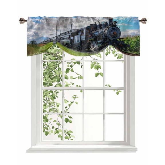 Steam Train Tie Up Valances Curtain, Adjustable Kitchen Railways Trees Landscape Modern Valances for Windows Decor, Rod Pocket Short Curtains Set for Bedroom/Bathroom, 60"x18"