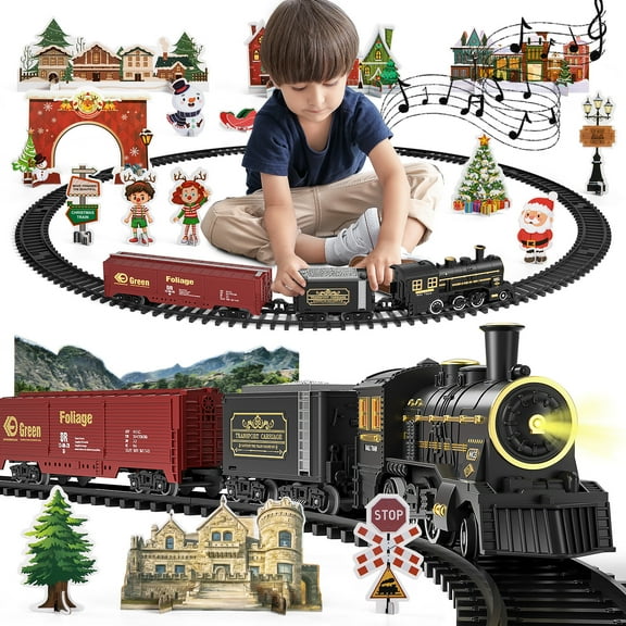 Steam Train Toy Set for Boys 3 4 5 6 7 Years, with Sounds & Light, Electric Classical Engine Locomotive for Kids, Rechargeable Model Train Kit for Christmas Tree, Cargo Car Railway Tracks
