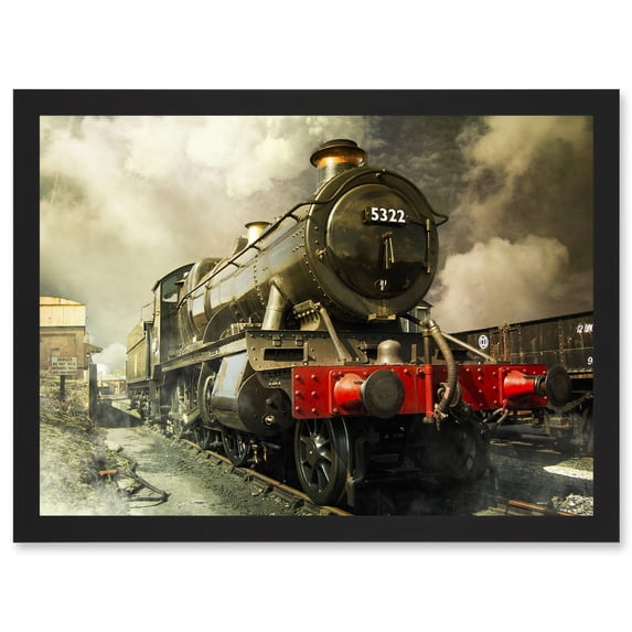 Steam Train Vintage Colour Red Green Vintage A4 Artwork Framed Wall Art Print