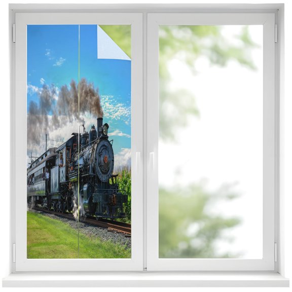 Steam Train Window Privacy Film 19.6x39.3in Railways Trees Landscape Modern Decorative Window Film with Static Cling, UV Filtering Window Cling Privacy Film for Glass Doors and Windows