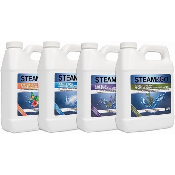 STEAM AND GO Demineralized Water and Multi-Surface Floor Cleaner Solution for Steam Mops, 32 fl oz, 4-Pack
