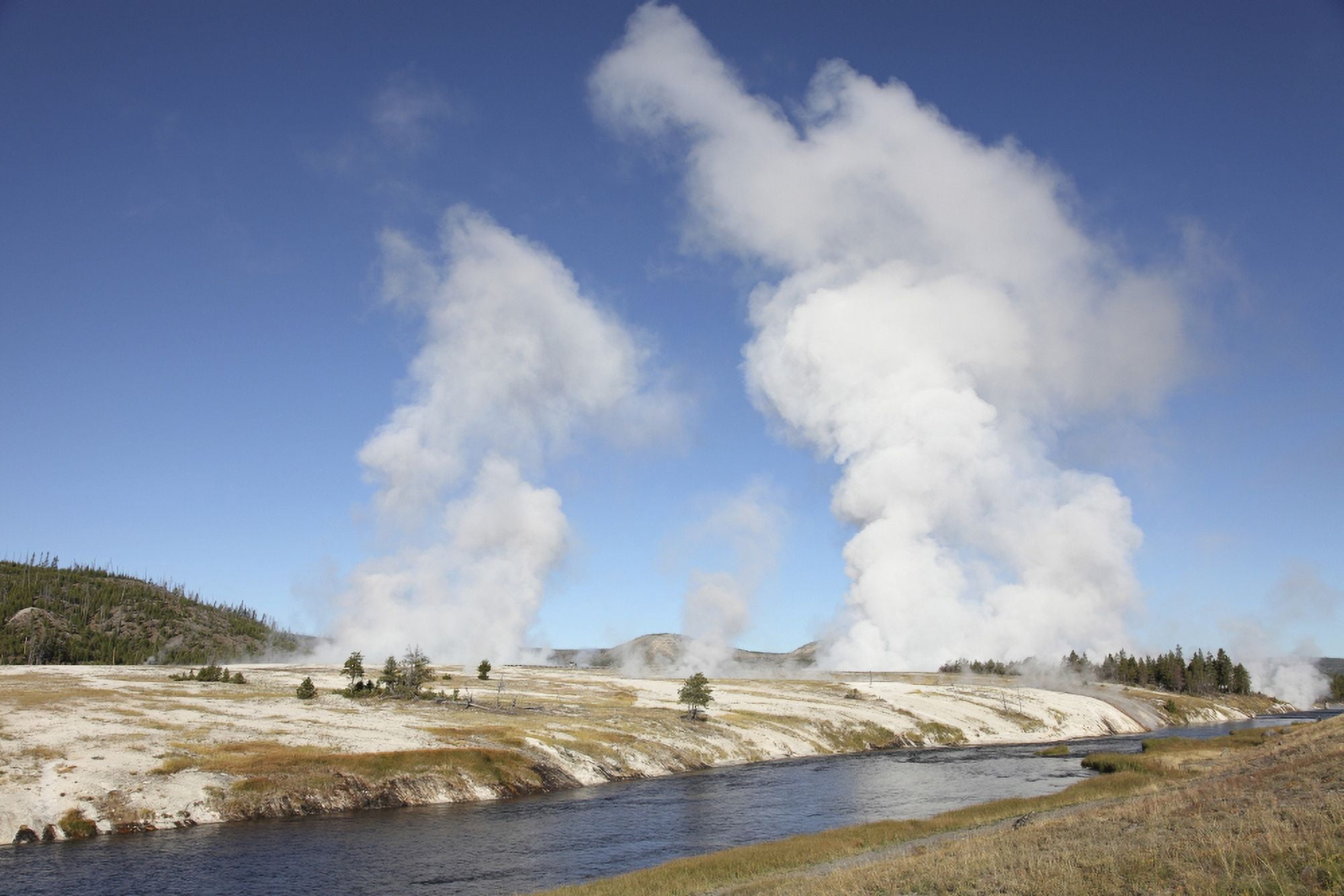 Steam rising over Midway Geyser Basin geothermal area Yellowstone National Park Wyoming Canvas Art - Richard RoscoeStocktrek Images (18 x 12)