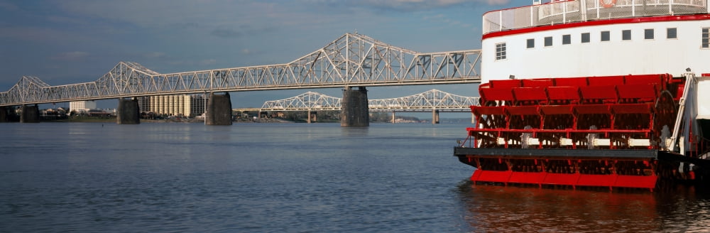 Steamboat Belle of Louisville in Ohio River with John F Kennedy Memorial Bridge in the background Louisville Kentucky USA Canvas Art - Panoramic Images (27 x 9)
