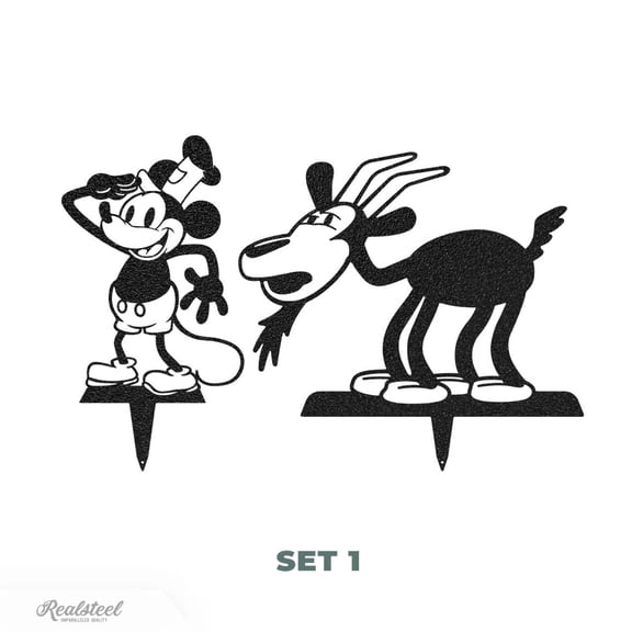 Steamboat Willie Metal Art - Tribute to the First Mickey Mouse - Set 1 - Vintage-Inspired Wall Décor (Black)