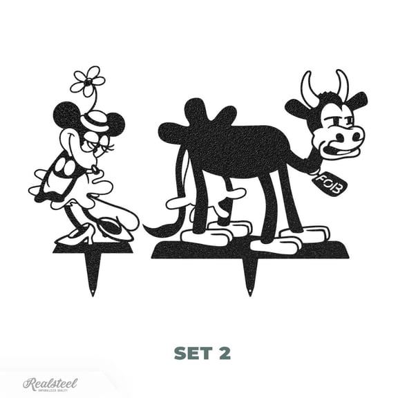 Steamboat Willie Metal Art - Tribute to the First Mickey Mouse - Set 2 - Vintage-Inspired Wall Décor (Black)