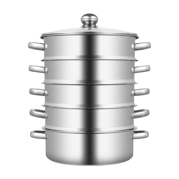 Steamer 26cm/10.24in, 5-tier Stainless Steel Steam Cooker w/Clear Glass Lid & Handles, Home Round Stackable Multipurpose Steam Pot for All Stoves, 12.59 * 15.74in