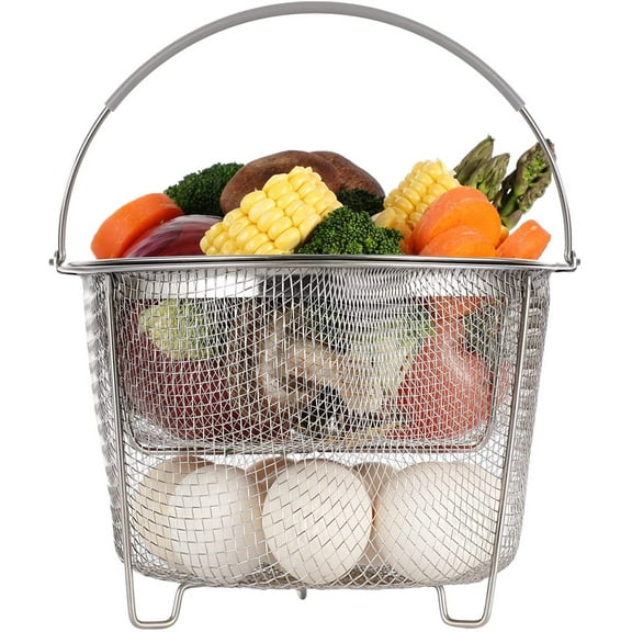 Steamer Basket for Instant Pot Accessories 6 qt or 8 quart - 2 Tier Stackable 18/8 Stainless Steel Mesh - Silicone Handle - Vegetable Steamer Insert, Egg Basket, Pasta Strainer,Silver
