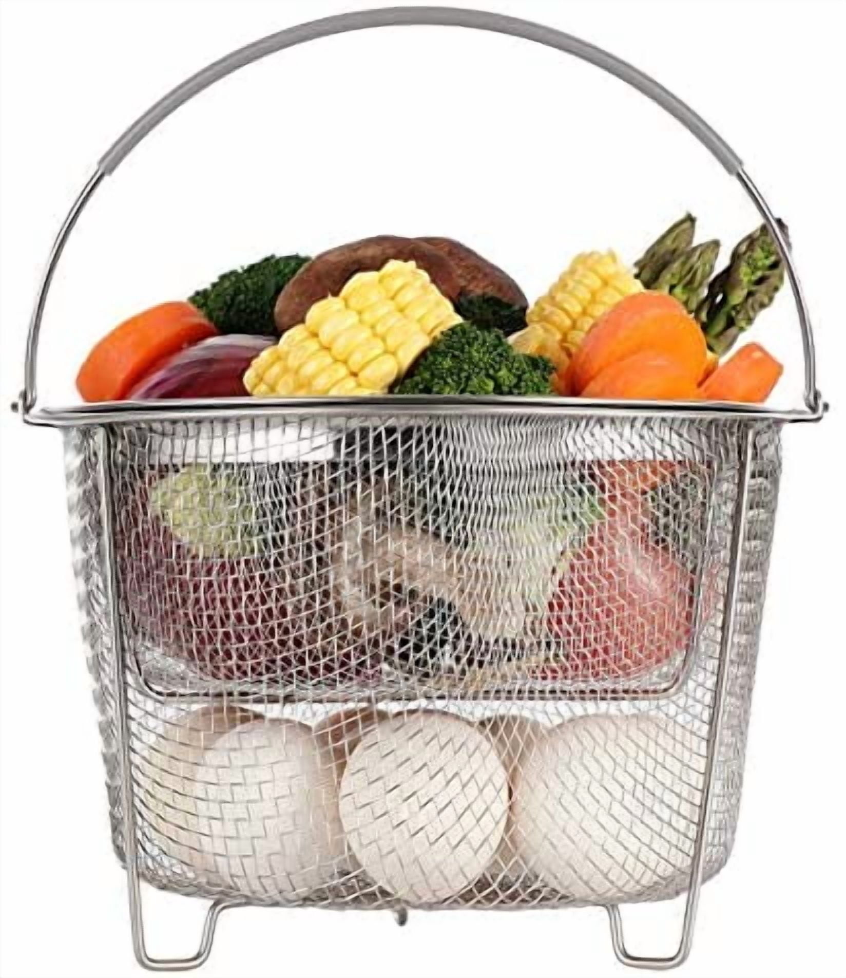 Steamer Basket for Instant Pot Accessories 6 qt or 8 quart - 2 Tier Stackable 18/8 Stainless Steel Mesh - Silicone Handle - Vegetable Steamer Insert, Egg Basket, Pasta Strainer,Silver