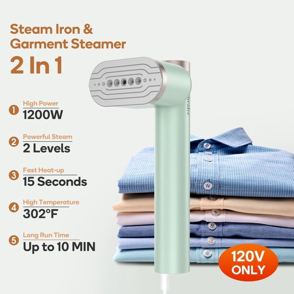 Steamer for Clothes, 1200W Portable Steam Iron, 2 Steam Levels, Horizontal and Vertical Steaming, Dry Ironing, 15s Heat Up, Rotatable, 302°F Garment Wrinkle Remover, Green (120V Only)