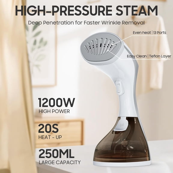 Steamer for Clothes, 20S Heat-up, 1200W, 250ml, 13-Vent Design for Strong Steaming, 2-in-1 Steamer & Iron, Handheld for All Fabrics, Garment Wrinkle Removal, Portable & Travel-Ready (ONLY 120V)