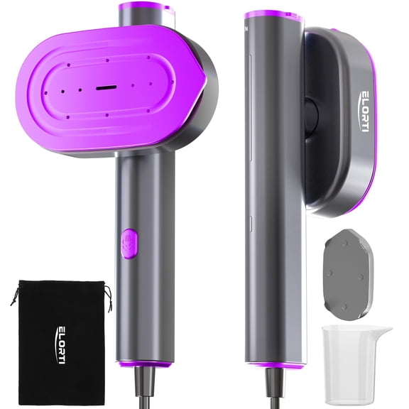 Steamer for Clothes ELORTI, Travel Clothes Steamer Handheld Portable Mini Small, 2-in-1 iron with 10s Fast Heat-Up, Rotatable Head 1200W, 110-120V, Office & Home, purple