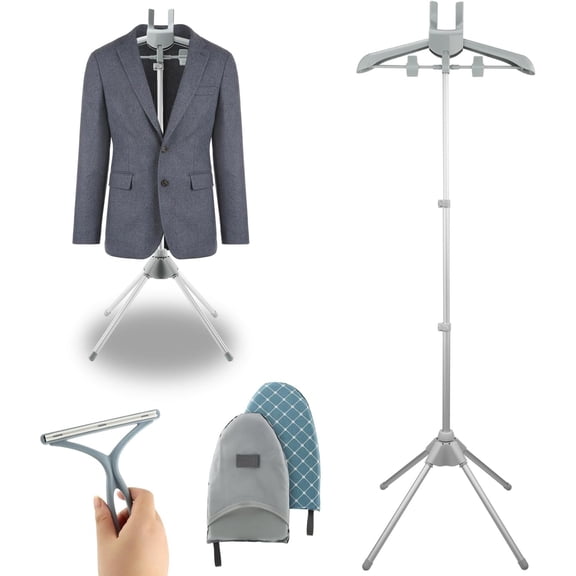 Steamer Hanger Stand with Adjustable Height, Portable Steamer Rack with Ironing Board&Hair Remover for Steaming Clothes Garment Rack for Travel Clothing Stores & Hotels