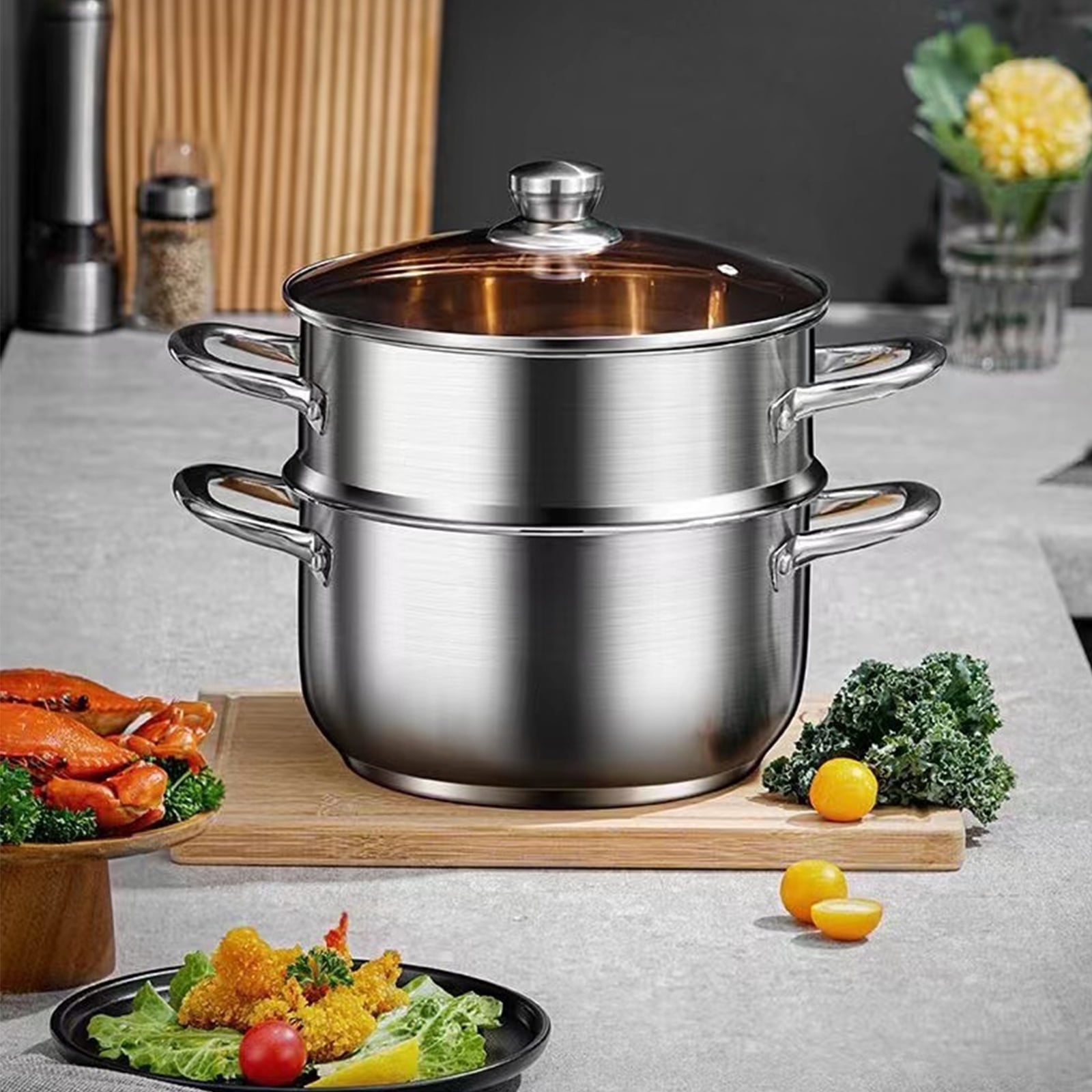 Steamer Pot with 5QT Stock Pot and Vegetable Steamer, Multipurpose 9.5 inch 2-Tier Stainless Steel Steamer Pot with Lid for Cooking Vegetables, Dumplings, Stocks, Sauces, Stainless Steel Food Steamer