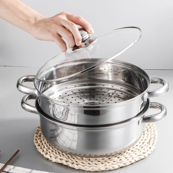 Steamer Pot for Cooking 11 inch Steamer Pot, 2-tier Multipurpose 18/8 Stainless Steel Steam Pot Cookware with Lid for Vegetable, Dumpling, Stock, Sauce, Food