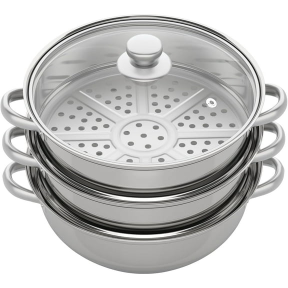 Steamer Pot For Cooking, 3-Tier Food Steam Pots with Overlapping Design Transparent Lid Durable Handles and Infusion Grooves Multi-Functions Stainless Steel Steamer Pot for Seafood Soup Rice Beef