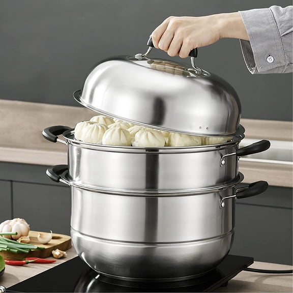 Steamer Pot for Cooking Steam Pots with Lid 2-tier Stainless Steel Steaming Pot Multipurpose Cookware with Handle for Vegetable, Dumpling, Stock, Sauce, Food…