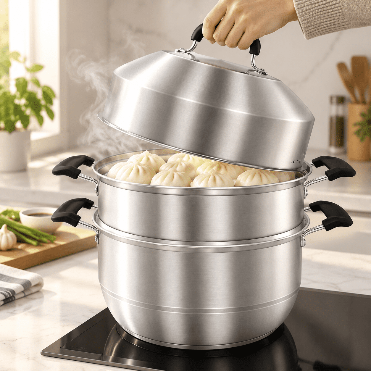 Steamer Pot For Cooking 14.2 Inch Steam Pots With Lid 2-tier Stainless ...