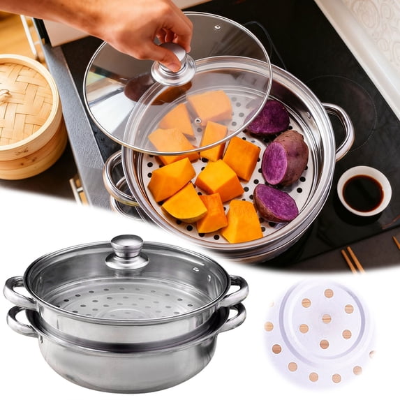 Steamer Pot With Handle 2-Tier Stainless Steel Stack And Steam Pot Set With Galss Lid For Vegetable Dumpling Sauce Food(Silver-28Cm)