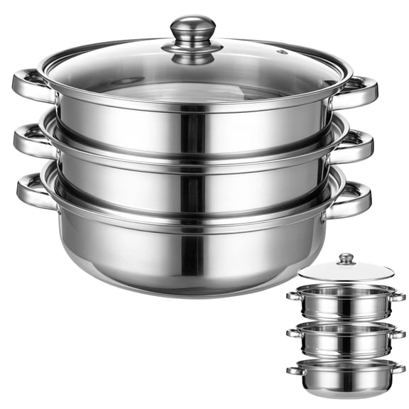 3-Tier Stainless Steel Steamer Pot for Cooking, Stackable Food Steamers Set with Tempered Glass Lid, 11 in Vegetable Seafood Cookware, Multi-Layer Steamers for Induction, Gas, Electric Stovetop