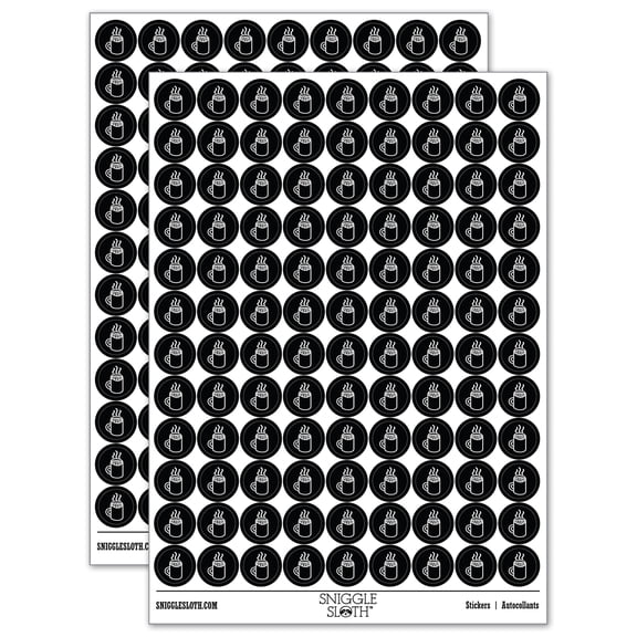 Steaming Coffee Mug Doodle 200+ Round Stickers - Black - Matte Finish - 0.50" Size