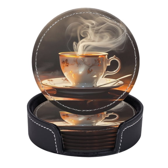PU Leather Coasters for Drinks Bar Beer,Set of 6 with Holder,Round Housewarming Gift,Steaming Cup Of Coffee On The Table