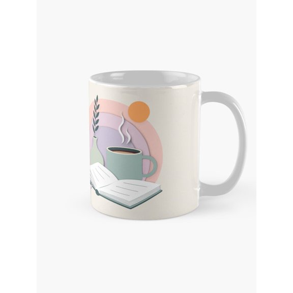 Steaming Cup, Open Book and Sun Mug, 11oz Ceramic, Pink, Sage Green, Orange and Lavender Artwork