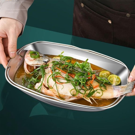 Steaming Plate, Stainless Steel Fish Steamer Tray with Handle, Rectangular Dumpling Plate for Home Kitchen Serving