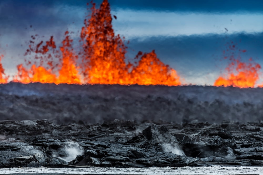 Steaming lava and plumes at the Holuhraun Fissure eruption near Bardarbunga Volcano Iceland Canvas Art - Panoramic Images (27 x 9)
