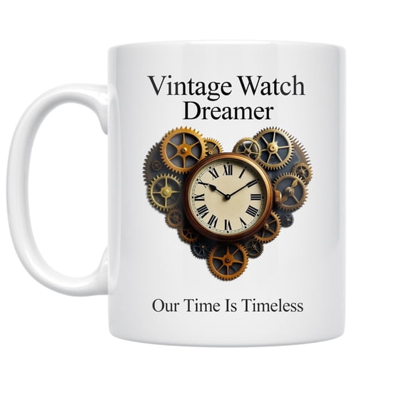 Steampunk 11 oz Coffee Mug - Vintage Watch Parts Heart Design White Ceramic