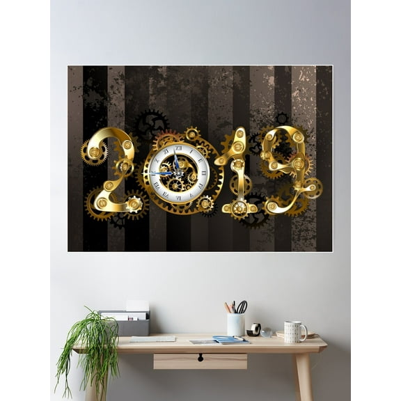 Steampunk 2019 With Gears Poster Wall Art, Modern Wall Decor For Living Room Bedroom, 12x18 UNFRAMED