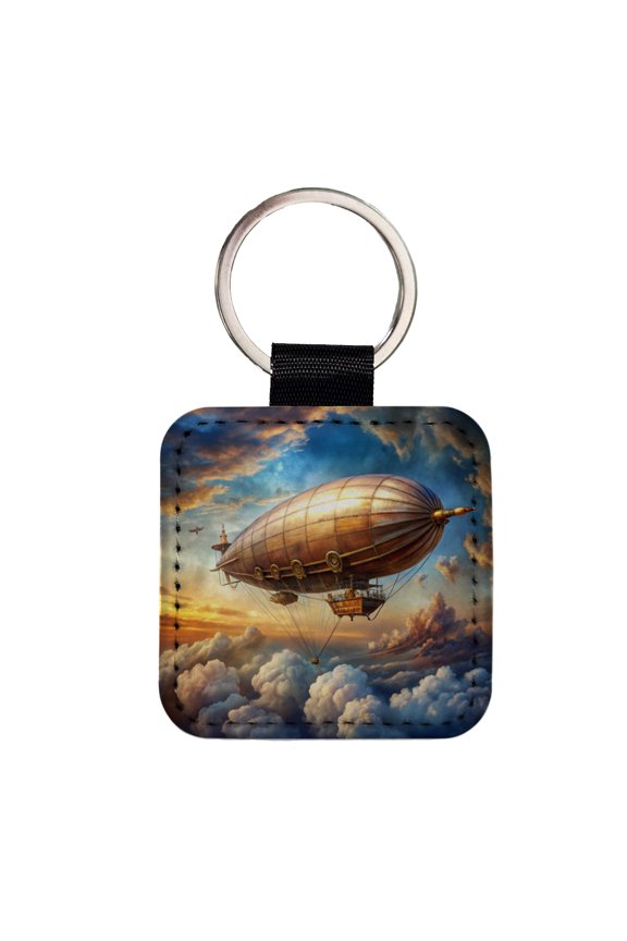 Steampunk Airship Dirigible Flying in Cloudy Sky Fantasy Sci-fi Faux Leather Square Keychain
