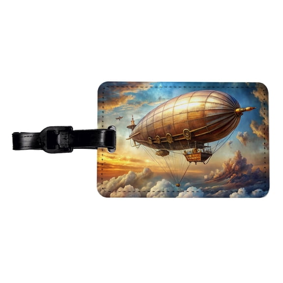 Steampunk Airship Dirigible Flying in Cloudy Sky Fantasy Sci-fi Faux Leather Travel Luggage Tag