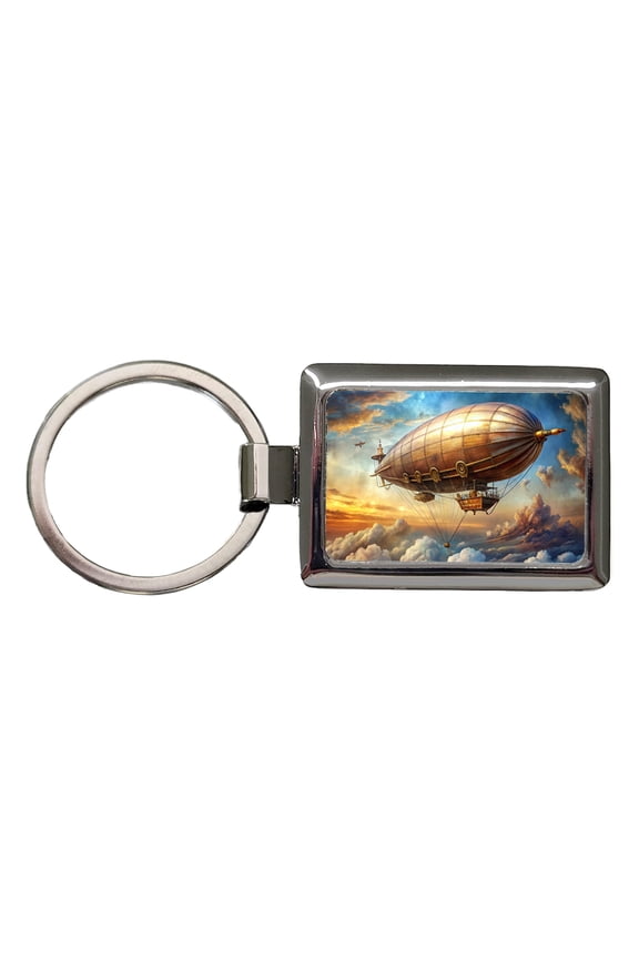 Steampunk Airship Dirigible Flying in Cloudy Sky Fantasy Sci-fi Metal Rectangle Keychain