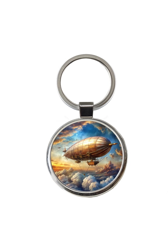 Steampunk Airship Dirigible Flying in Cloudy Sky Fantasy Sci-fi Metal Round Keychain