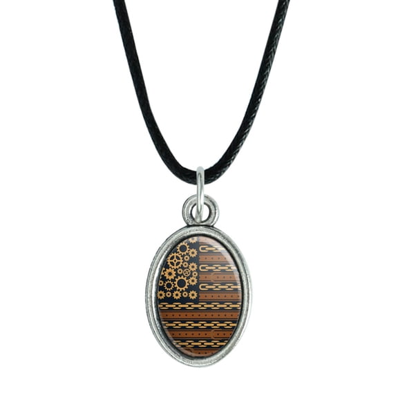 Steampunk American Flag with Gears Belts Chains Antiqued Oval Charm Pendant with Black Satin Cord
