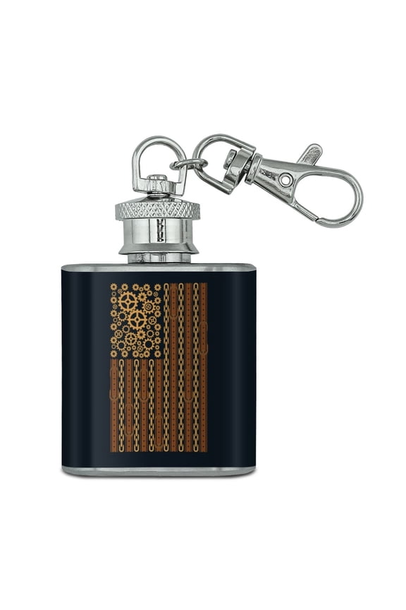 Steampunk American Flag with Gears Belts Chains Stainless Steel 1oz Mini Flask Key Chain