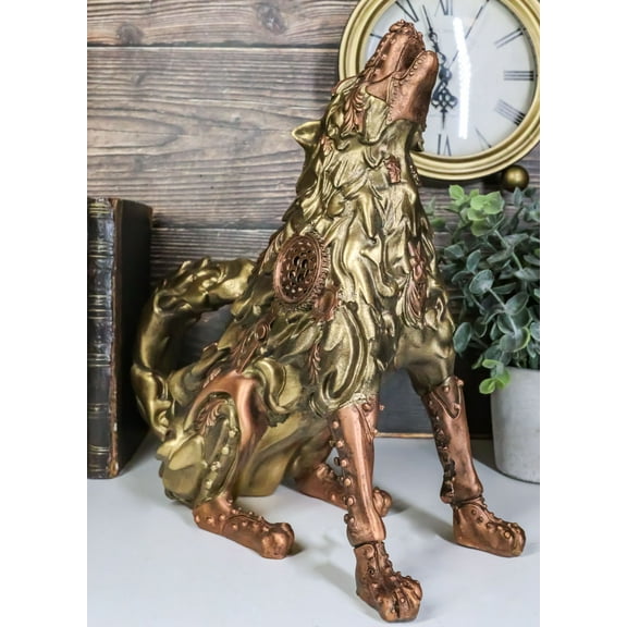 Steampunk Armor Geared Golden Robotic Alpha Wolf Howling At The Moon Statue