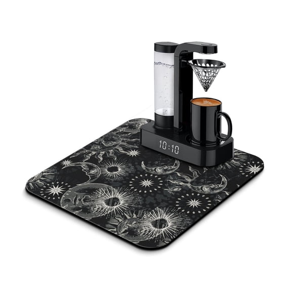 Steampunk Astrology Chart Coffee Station Mat - Astral Gothic Sun and Moon Absorbent Mat - Non-Slip Kitchen Counter Mat - Retro Astronomical Print