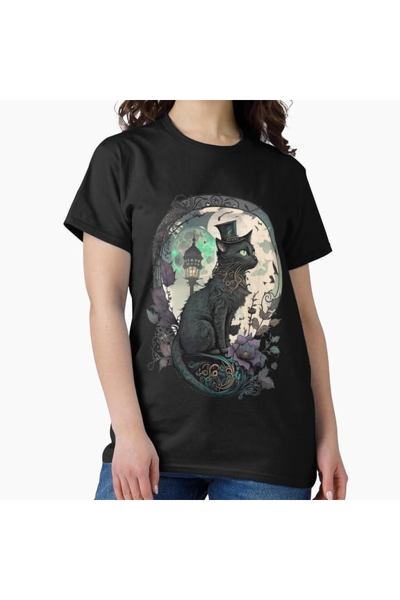 Steampunk Black Cat T Shirt, Top Hat Cat Graphic Tee, Cat Lover Shirt Size S-5XL
