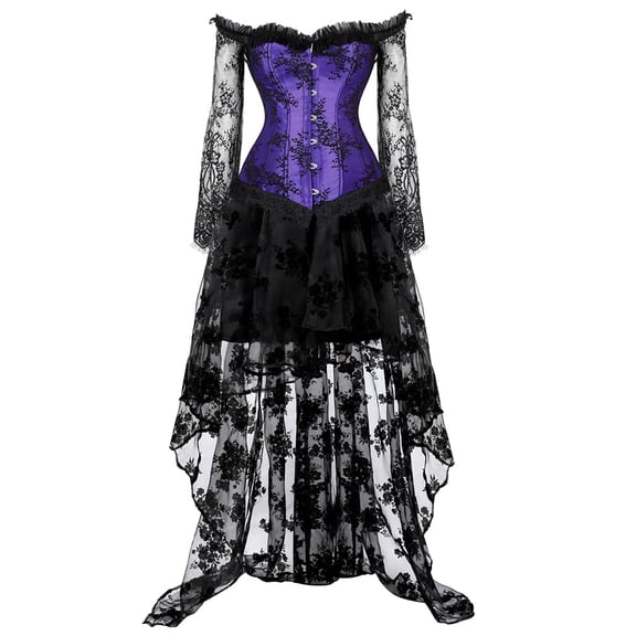 Steampunk Breathable Long Sleeve Bustiers Corset with Skirt Women Party Set Purple S