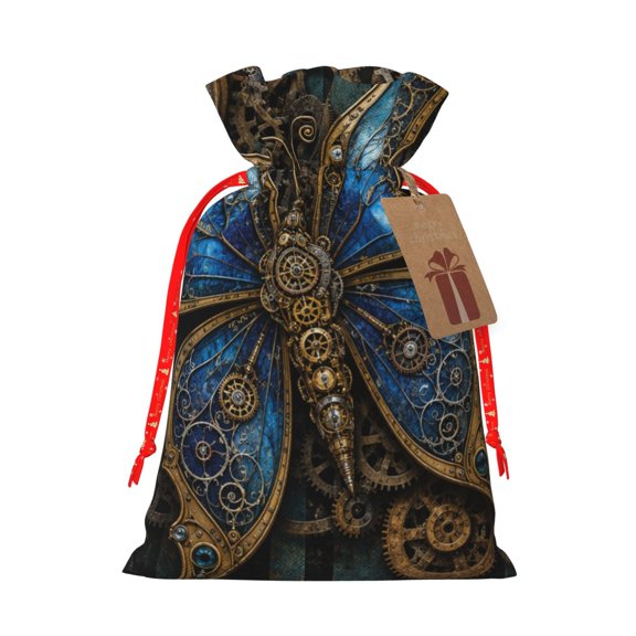 Steampunk Butterfly Gears Art Christmas Gift Bag, Drawstring Pouch with Kraft Paper Tag for Birthday, Holiday Gifts,S